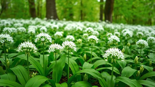 Vibrant Field of Wild Garlic (Ramsons) with White Flowers and Green Leaves on a Forest Floor in Spring
