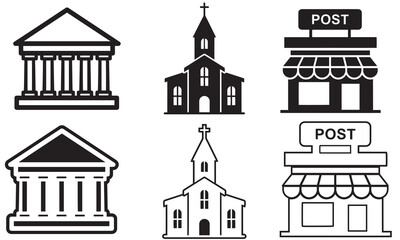 Naklejka premium A collection of six vector icons featuring solid and outline styles for bank, church, and post office
