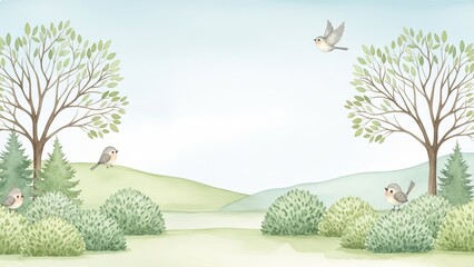 Serene landscape with trees and birds in a peaceful natural setting