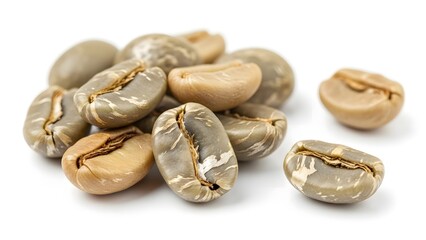 Close-up of raw, unroasted coffee beans, showcasing their natural texture and color on a white background, a perfect ingredient for brewing aromatic beverages