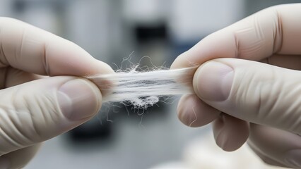 Close-up view of scientific laboratory research examining delicate fibrous material held between gloved fingers