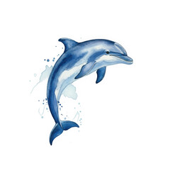 Fototapeta premium Watercolor Blue Dolphin Jumping Out of Water with Splashes, Artistic Marine Life Illustration Isolated on White Background