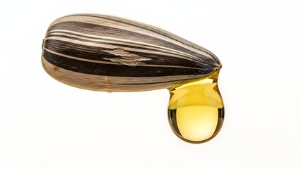 Close-up of a sunflower seed with a drop of golden oil dripping off its tip, isolated on white background
