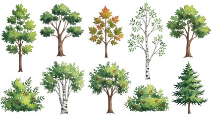 A collection of various trees and bushes illustrated in a watercolor style on a white background