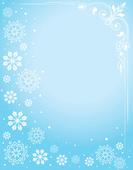 Winter frame with snowflakes and decorative ornaments on light blue background