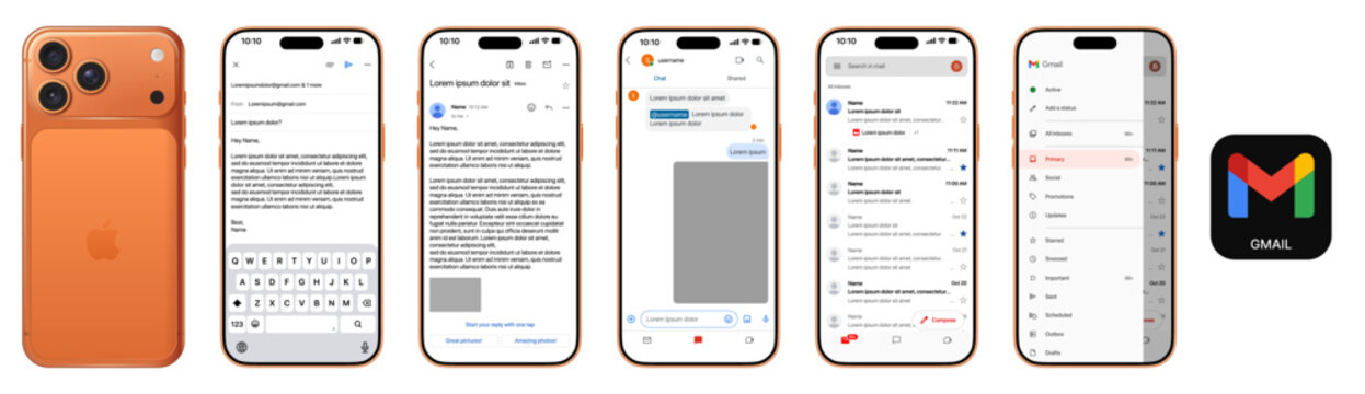 Gmail mobile email interface on smartphone mockup with inbox and message screens
Gmail email application UI design showing inbox, chat and message layout