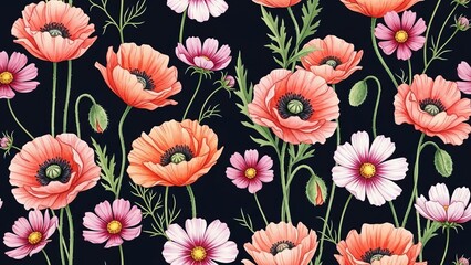 Vibrant flowers in full bloom against a dark background, showcasing poppy and daisy patterns from a close-up viewpoint.