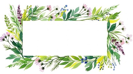Fototapeta premium A serene floral wreath framing a blank white rectangle on a clean white background viewed from directly above