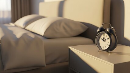 Alarm clock sits on bedside table next to neatly made bed bathed in light