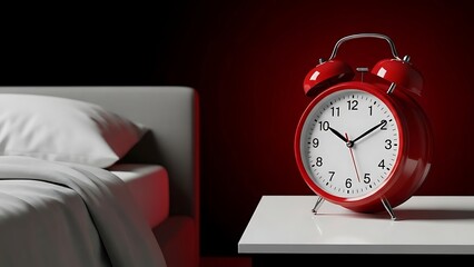 Red alarm clock rests on bedside table near bed in dark room