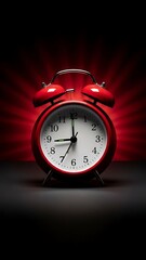 Red twin bell alarm clock glowing against vivid dramatic red background