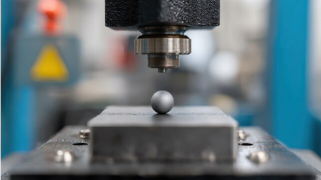 Closeup medium view of a Brinell hardness testing machine applying a steel ball on a metal sample to determine material durability.