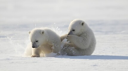 Polar bear cubs playing in soft snow with bright natural lighting for wildlife conservation