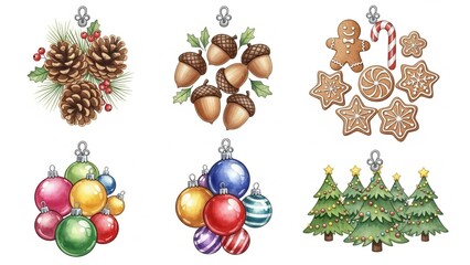 Christmas ornaments and decorations, including pinecones, acorns, gingerbread, and baubles, displayed against a white background.