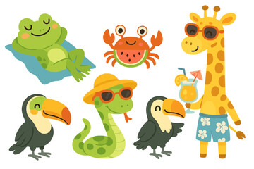 Obraz premium Cute cartoon animals enjoying summer vacation.
