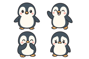 Fototapeta premium Four Cute Cartoon Penguins in Different Poses
