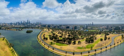 Aerial View of Albert Park Lake and Racing Circuit Roads in Melbourne