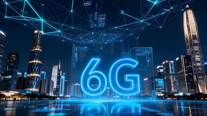 A futuristic cityscape at night with glowing blue 6G technology symbol and digital network connections above modern skyscrapers. - Powered by Adobe