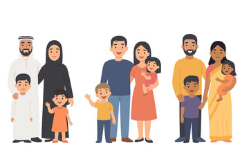 Diverse families standing together with warm glow