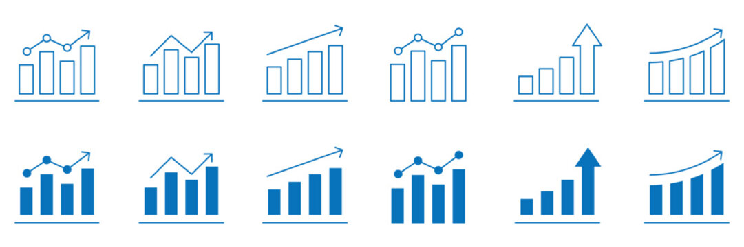Growth blue icon set. Financial profit blue line and solid icon set. Containing arrow up, growing graph, business chart icons. Vector illustration.
