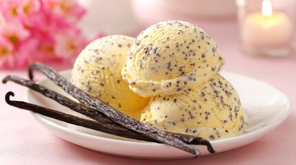 Delicate pale yellow vanilla bean ice cream scoops with vanilla pods on a white plate