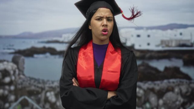 Woman in graduation cap and gown with red stole crossing arms at seaside building by rocky coast; pride.