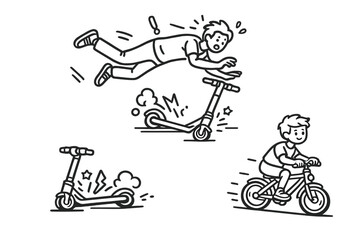 Fototapeta premium Cartoon of a person falling off a scooter, another scooter, and a child riding a bicycle
