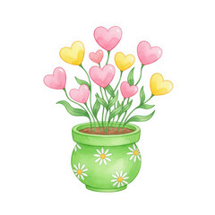 Watercolor Heart Flower Bouquet in Green Daisy Pot, Whimsical Love Themed Plant Illustration for Valentine's Day