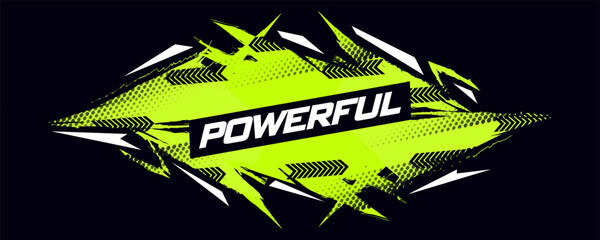 Abstract Sports Background with Lime Green Brush Strokes and White Sharp Shapes with Halftone Effect on Black Background