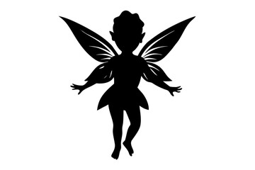 Silhouette of a cute fairy with wings outstretched black Vector, baby fairy silhouette art, fairy black symbol
