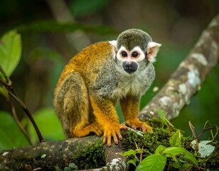 Obraz premium A small monkey, with orange and gray fur, perched on a branch