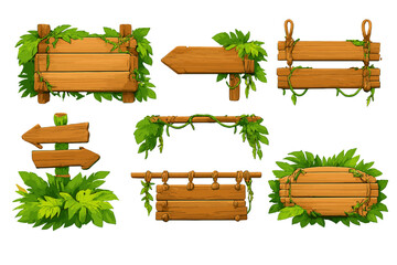 Fototapeta premium Jungle-themed wooden signs with vines and leaves