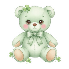 Cute Mint Green Teddy Bear Watercolor Illustration with Four Leaf Clovers, St. Patrick's Day Themed Toy Character