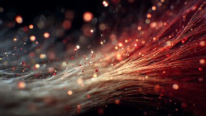 Sparkling red and gold dust particles floating in ethereal bokeh light, creating a magical, festive, and abstract visual experience