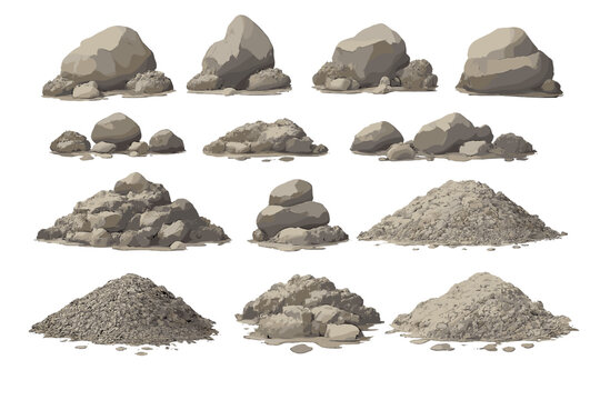 Collection of realistic 3D rendered rocks and gravel piles