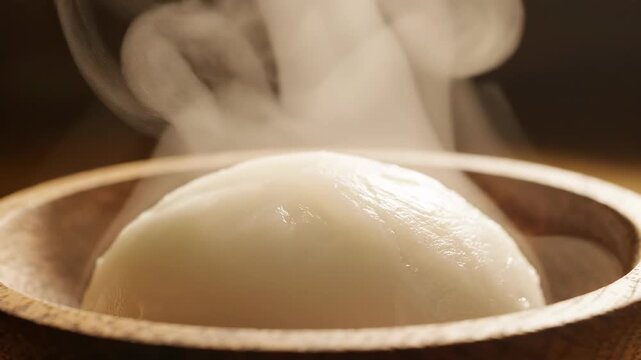 Extreme slow motion shot capturing thick steam gently rising off a freshly prepared smooth ball of traditional pounded yam in a wooden serving bowl nutritious, freshly, traditional