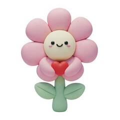 Cute 3D Rendered Flower Character Holding a Red Heart, Happy Pink Blossom with Smiley Face for Valentine's Day