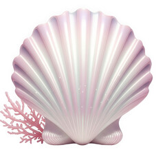 Iridescent Pink Scallop Shell with Coral Branch Isolated on White Background, 3D Rendered Coastal Decor Illustration