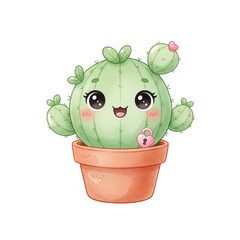 Cute Watercolor Illustration of a Smiling Cactus in a Terracotta Pot with a Heart Padlock Decoration