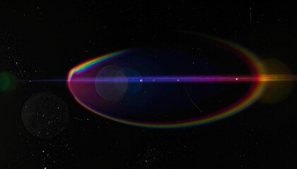 A lens flare arc glows over a black background with a few dust spots
