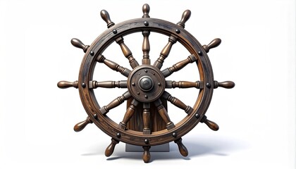 Obraz premium An aged, wooden ship's steering wheel isolated on a clean white background