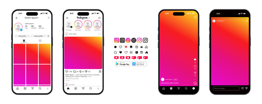 Instagram profile bio layout showing follow options post share reels story poll tools icon pack and detailed modern interface elements vector illustration