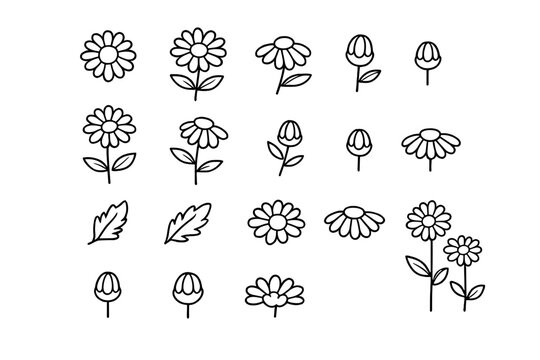 Set of hand-drawn daisy icons on a dark gradient background