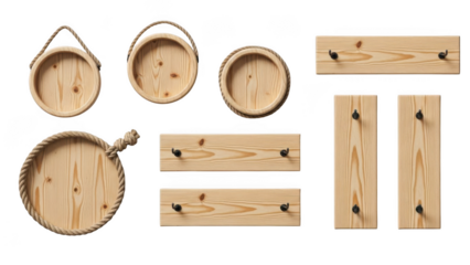 Rustic wooden kitchenware and wall hooks set isolated on transparent background