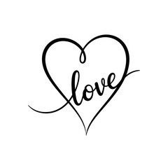 Minimalist One Line Drawing of Heart with Love Text Integrated into the Stroke for Modern Romantic Design