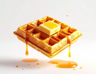 A levitating, golden waffle with a butter square and dripping syrup