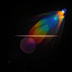 Rainbow-hued light flares and bokeh against a deep black background