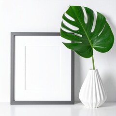 Square framed art next to a plant leaf in a white vase, on white surface