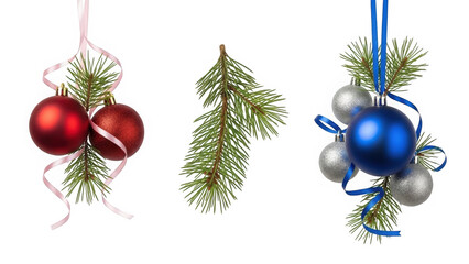 Christmas Tree Decorations Set with Red and Blue Baubles, Pine Branches and Ribbons Isolated on White Background