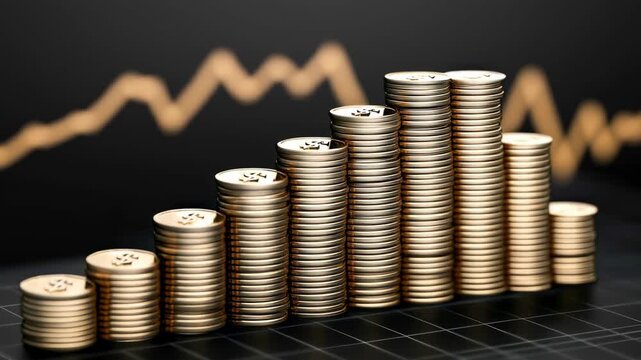 Stacked gold coins ascending order black financial chart, symbolizing finance, investment, money, economic growth, wealth, and coin stack success